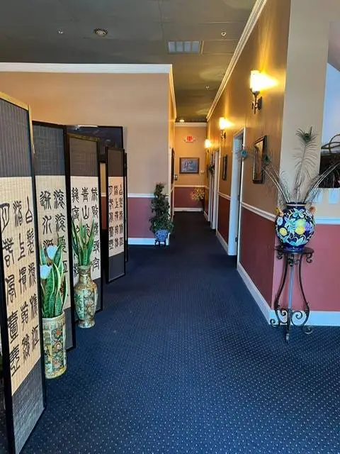 "Hallway view of Hong's Massage interior. Chinese calligraphy room dividers on the left, leading to a warmly lit corridor with beige and burgundy walls. Blue carpeting, decorative plants, and wall sconces create an inviting atmosphere. A decorative vase on a stand is visible at the end of the hall."