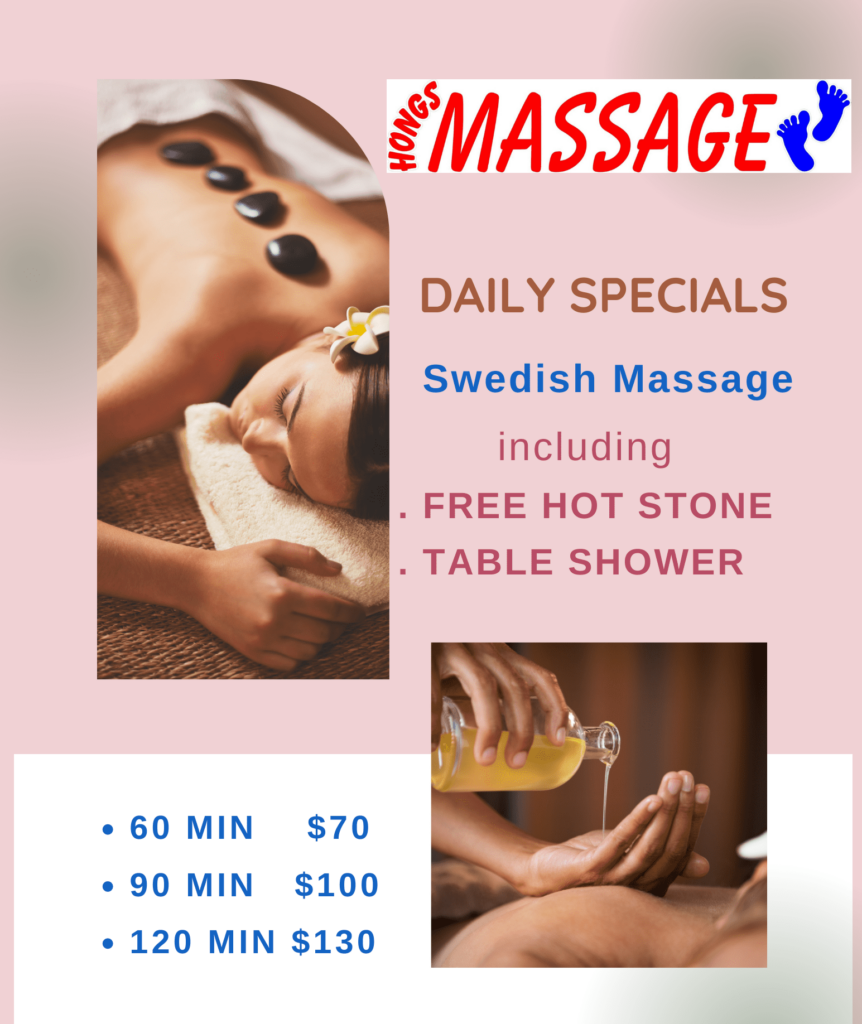 "Massage spa "Promotional poster for Hong's Massage with daily specials. Features a woman getting a hot stone massage and a close-up of a foot massage. Details Swedish Massage offers with session prices and lengths highlighted in pink and blue."