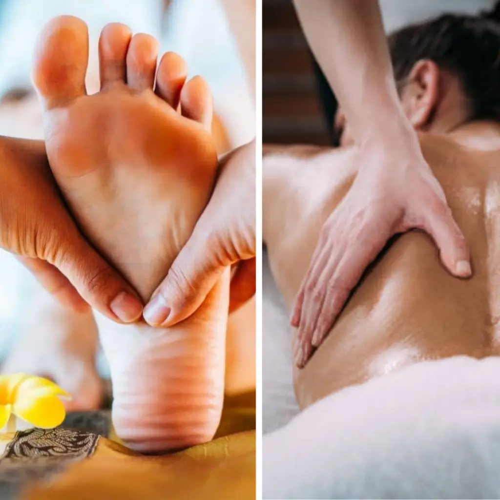 "Split image: Foot massage on left, back massage on right. Therapist hands applying pressure to sole and upper back. Relaxing massage treatments."